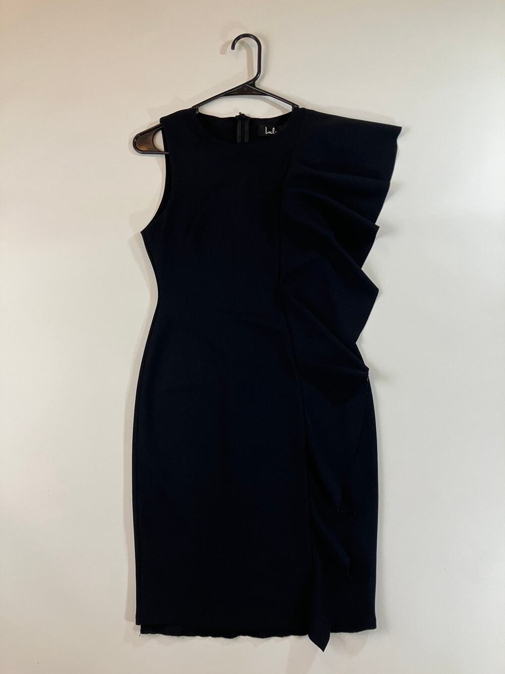Lulus Women’s S Black Ruffle Cocktail Dress Asymmetrical Bodycon Sheath Made USA